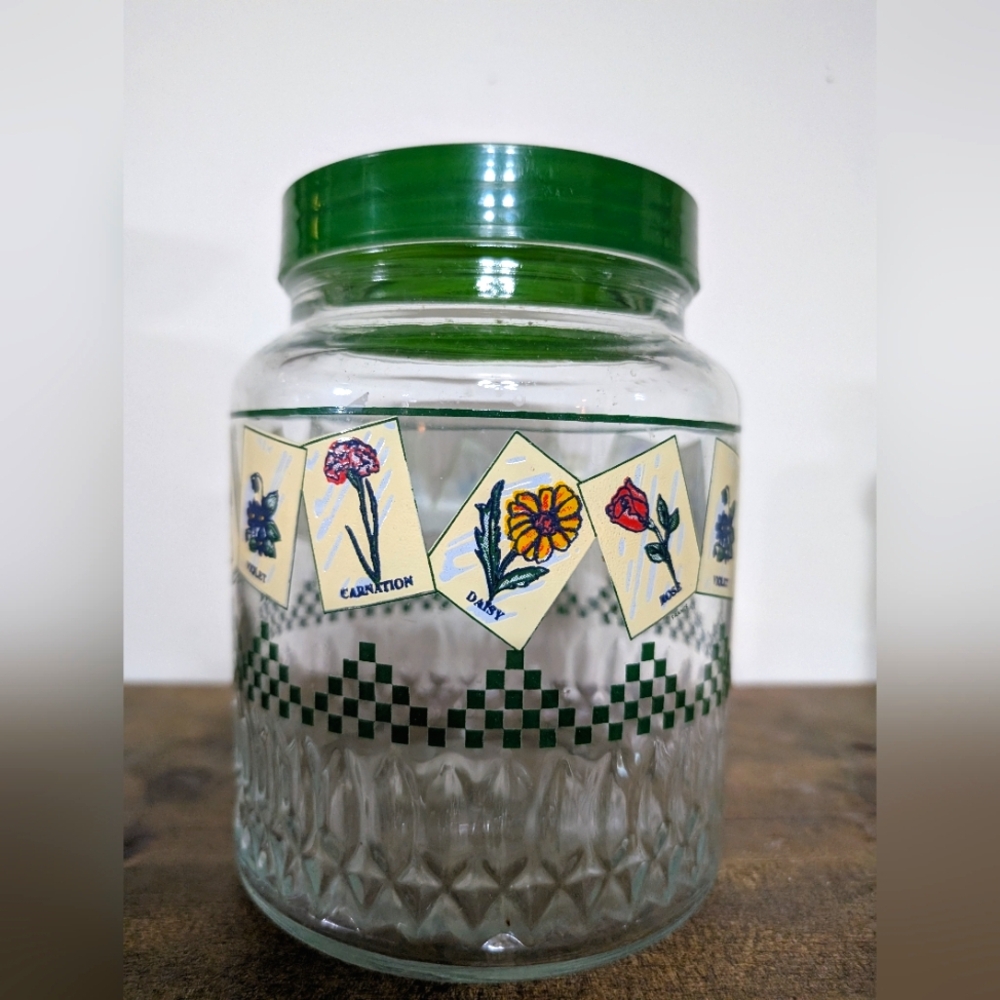 Vintage Glass Jar Green Lid Floral Design Kitchen Storage Container Garden